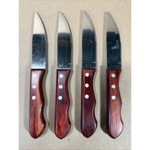 Delco Steak Knives Wooden Handle Serrated Knife - Set of 4 - 9.75" Long Red Wood